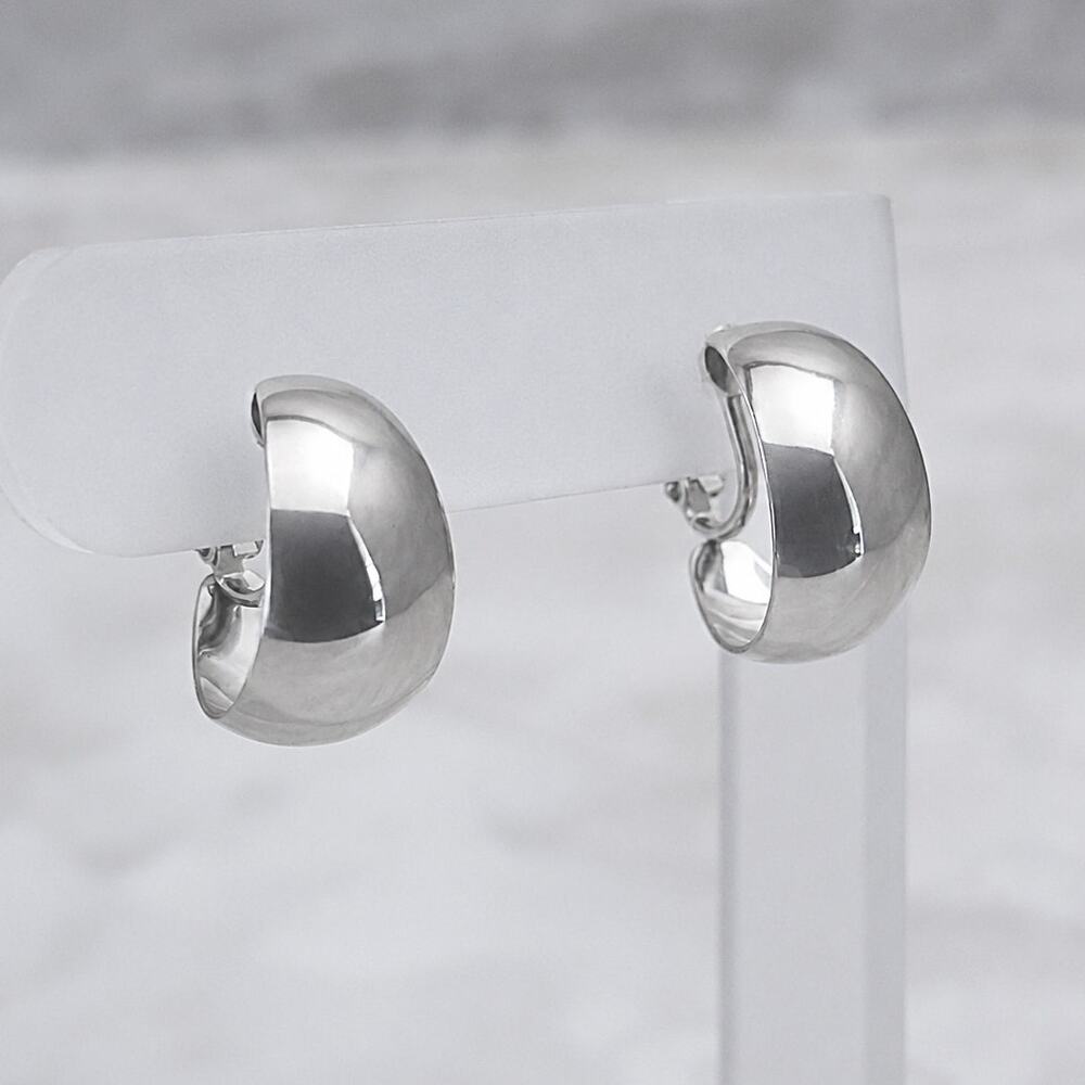 Vintage Clip On Earrings Mirrored Silver Tone Chunky Statement Hoops 0.75"